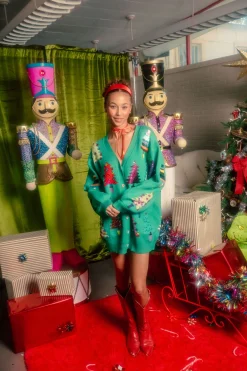 Green Colorblock Trees Cardigan Dress