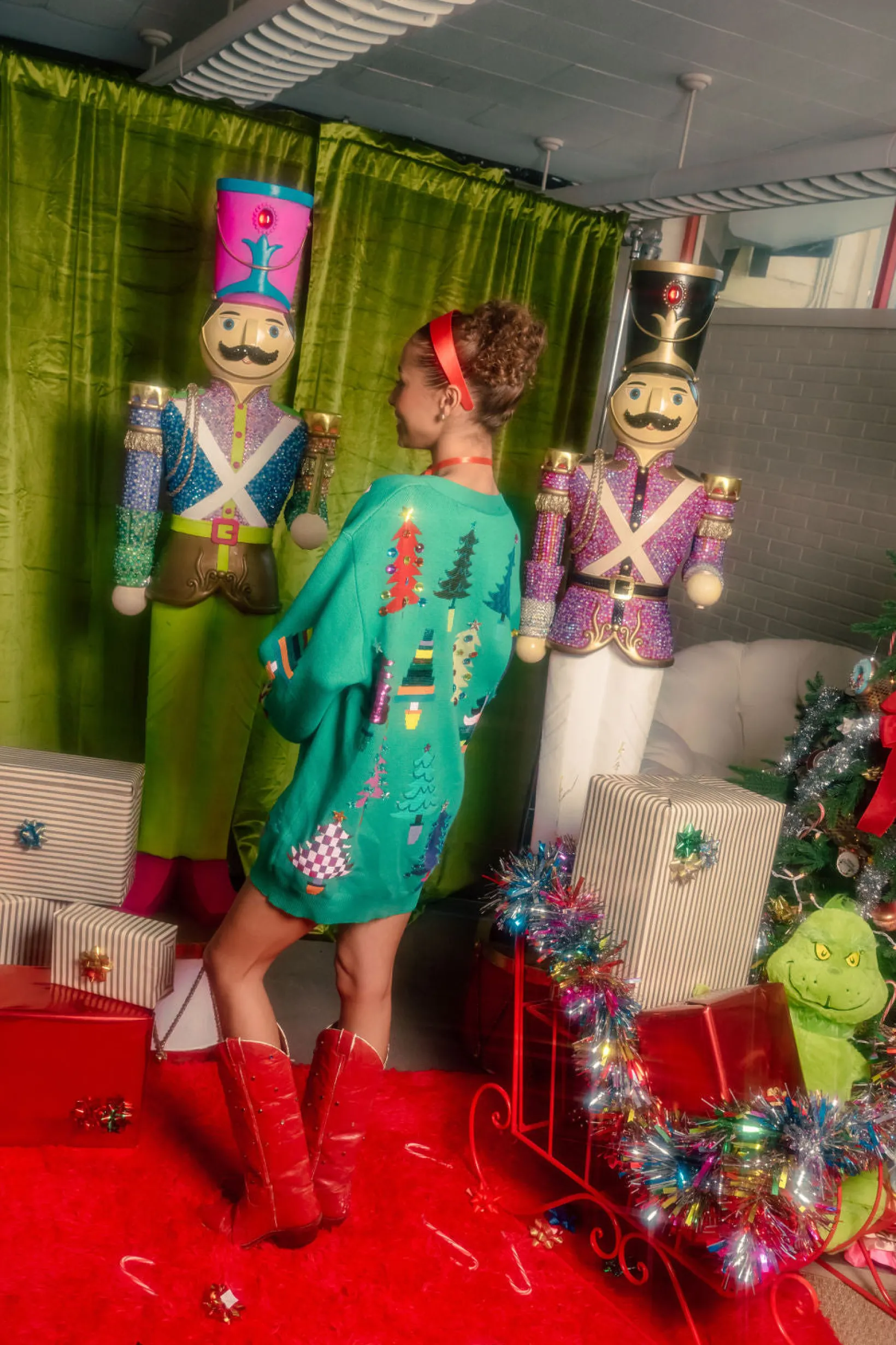 Green Colorblock Trees Cardigan Dress