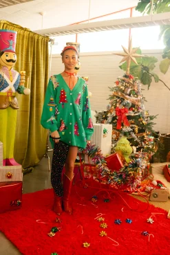 Green Colorblock Trees Cardigan Dress