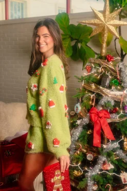 Green Fuzzy Knit Christmas Icon Cardigan