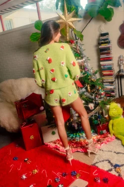 Green Fuzzy Knit Christmas Icon Cardigan