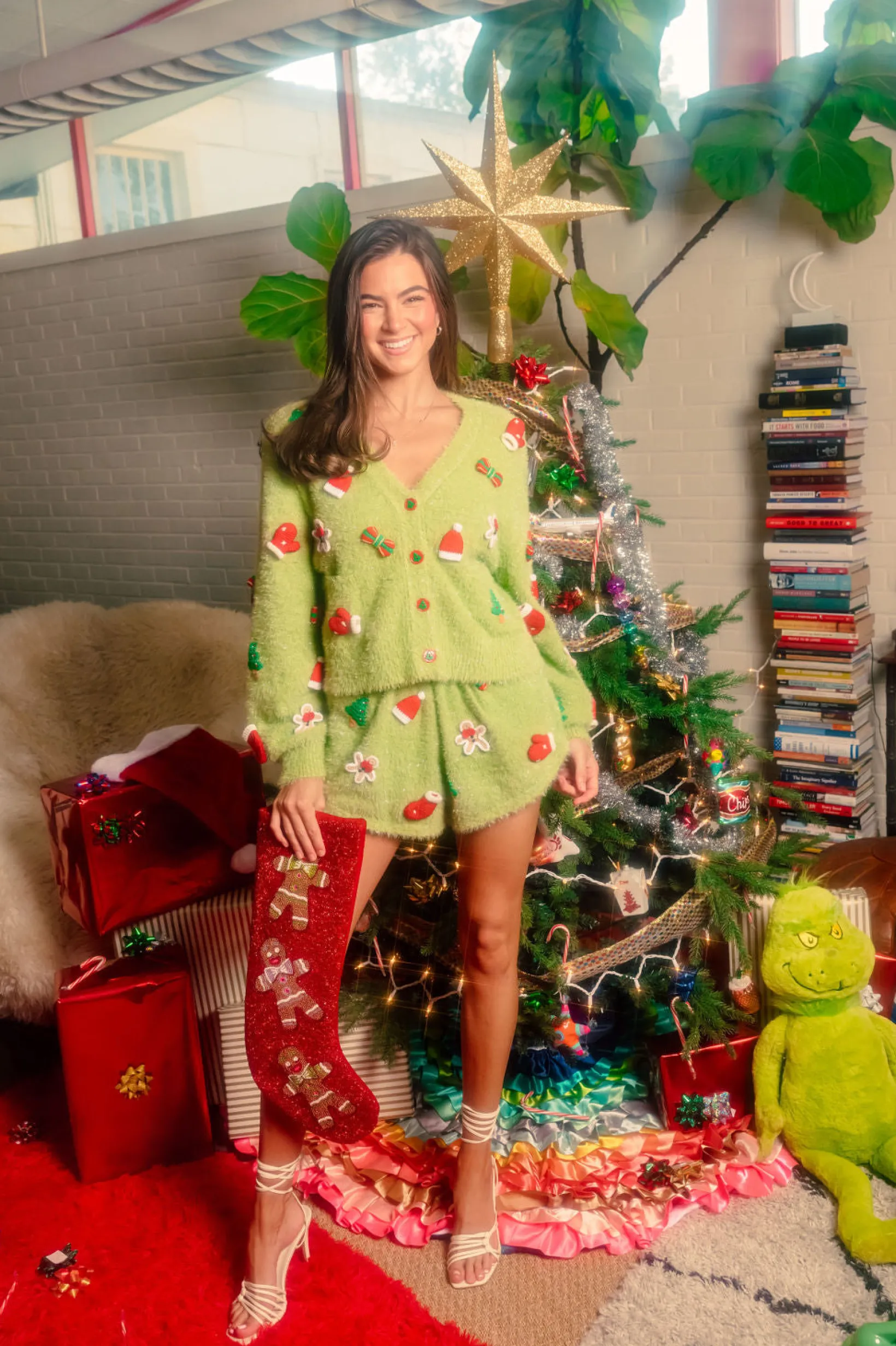 Green Fuzzy Knit Christmas Icon Cardigan