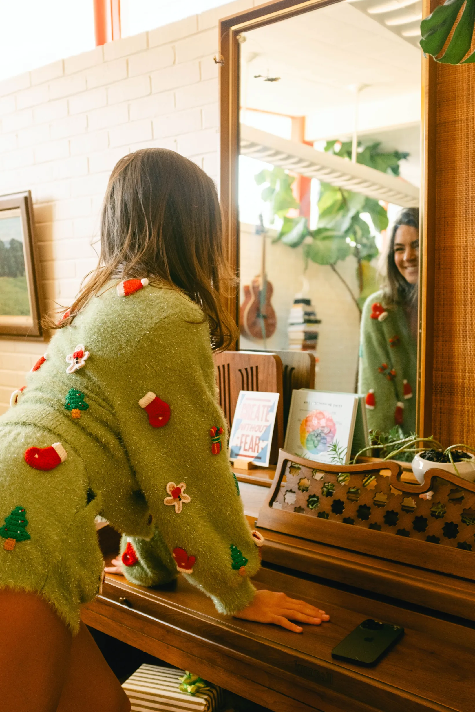 Green Fuzzy Knit Christmas Icon Cardigan
