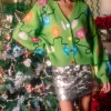 Green Multi Christmas Light Button Up Cardigan