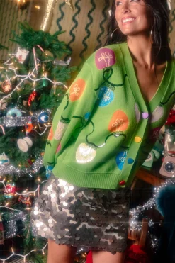Green Multi Christmas Light Button Up Cardigan