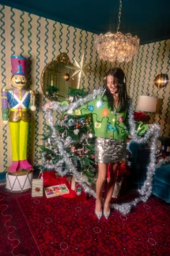 Green Multi Christmas Light Button Up Cardigan