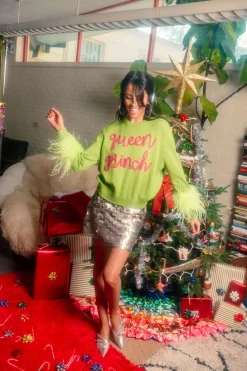 Green Queen Grinch Feather Sleeve Sweater