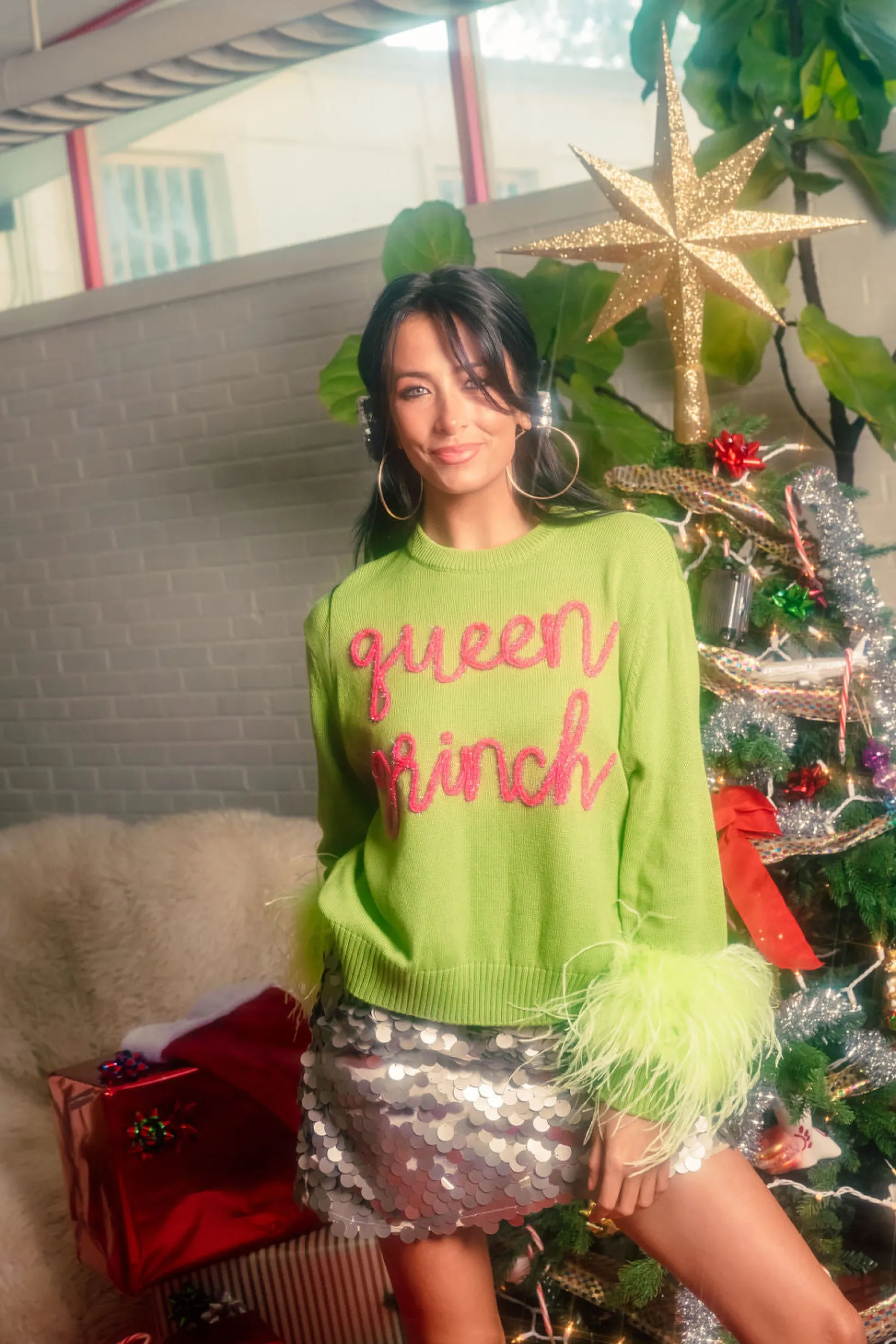 Green Queen Grinch Feather Sleeve Sweater