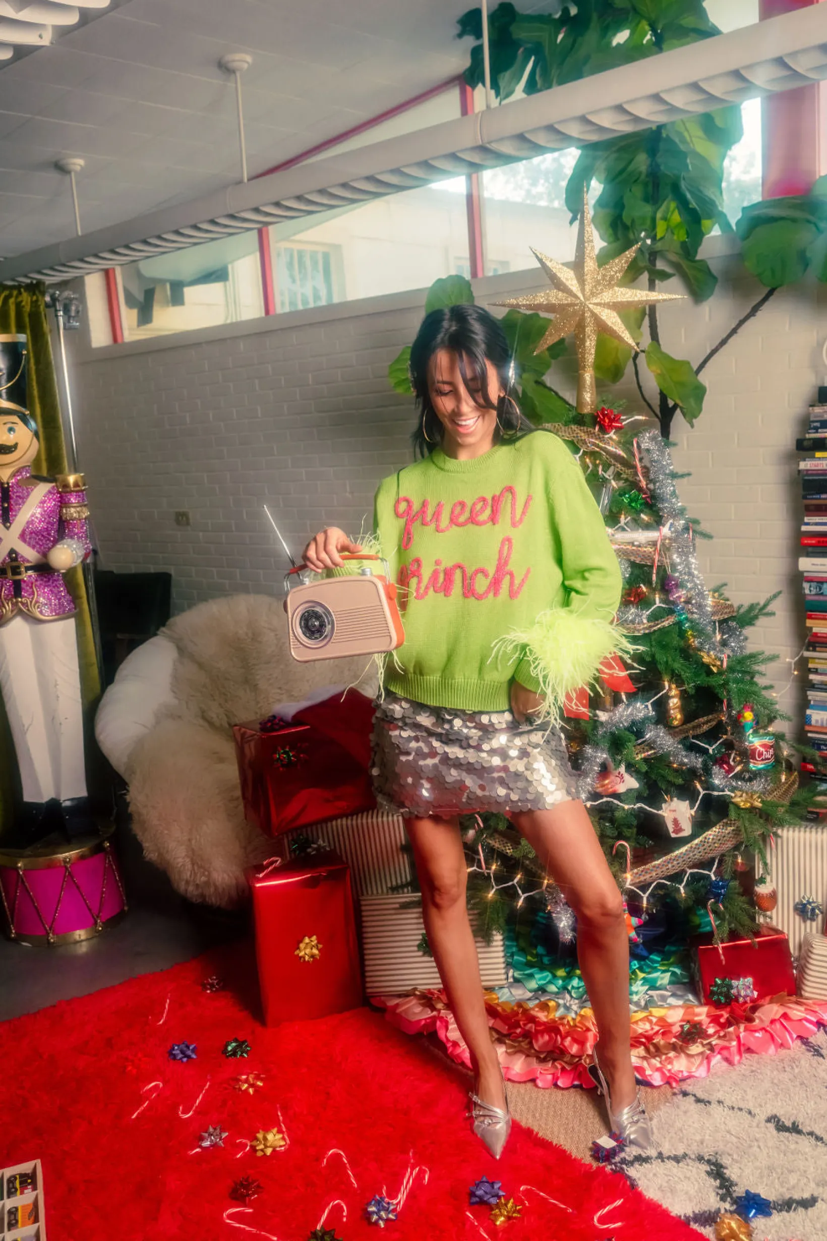 Green Queen Grinch Feather Sleeve Sweater