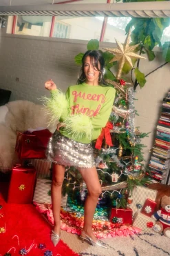 Green Queen Grinch Feather Sleeve Sweater