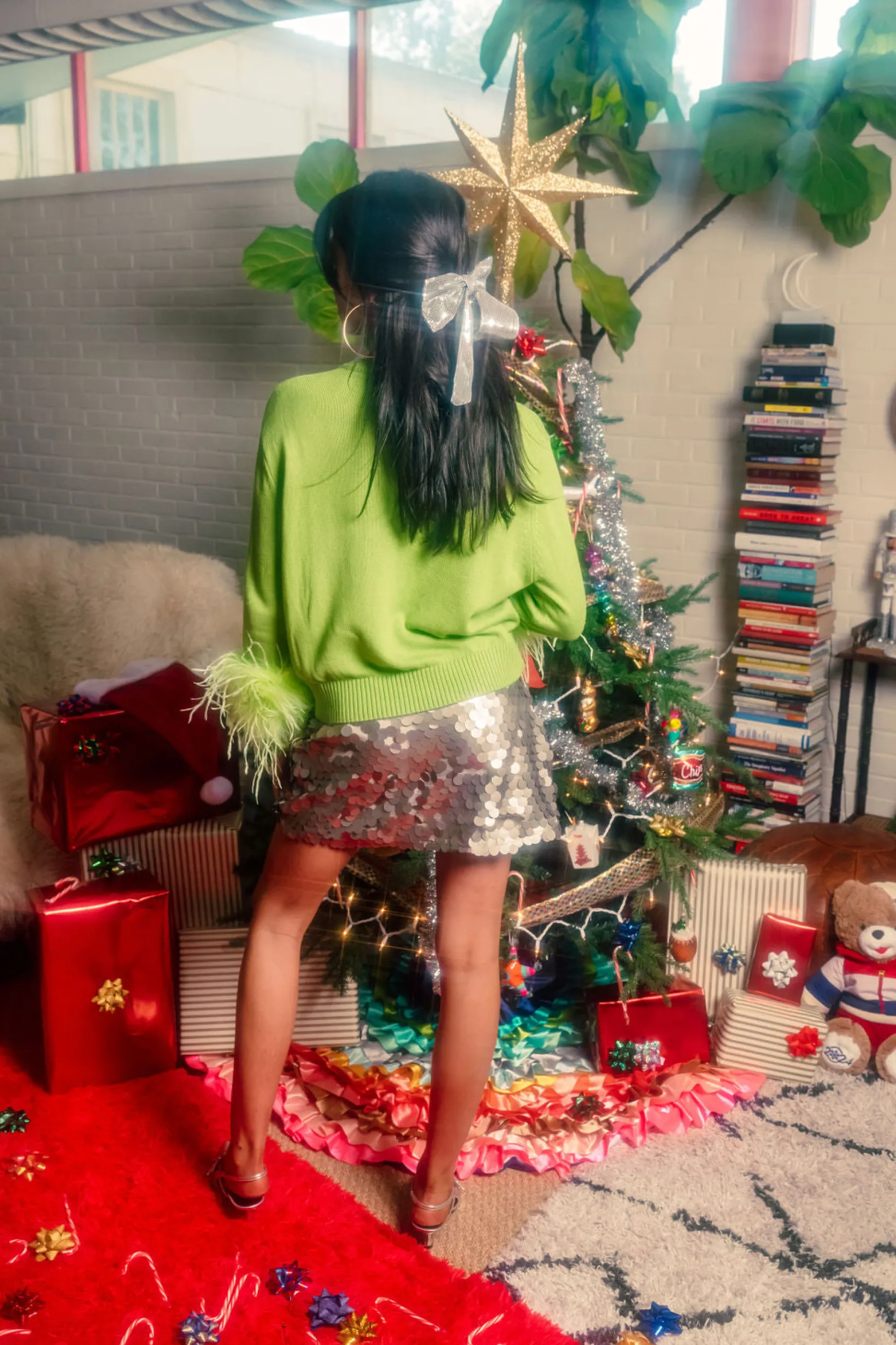 Green Queen Grinch Feather Sleeve Sweater