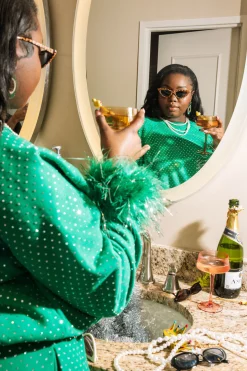 Green Scattered Rhinestone Feather Tinsel Sweatshirt