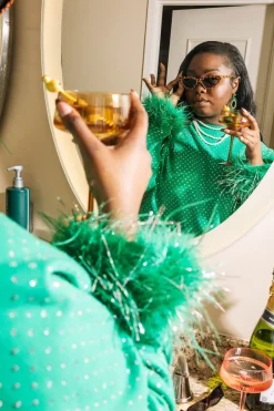 Green Scattered Rhinestone Feather Tinsel Sweatshirt