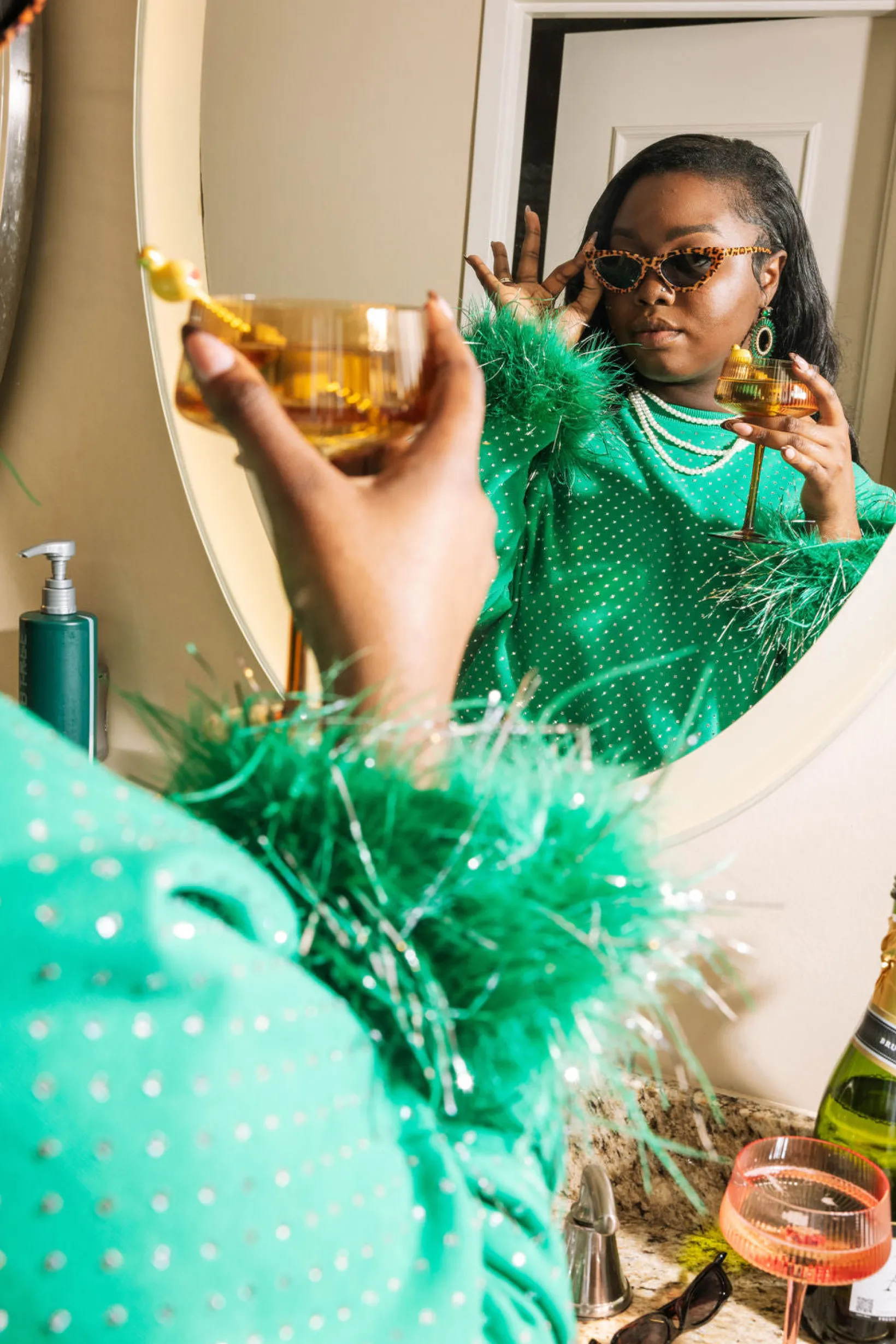 Green Scattered Rhinestone Feather Tinsel Sweatshirt