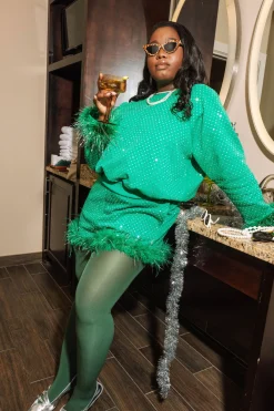 Green Scattered Rhinestone Feather Tinsel Sweatshirt