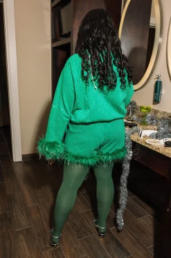 Green Scattered Rhinestone Feather Tinsel Sweatshirt