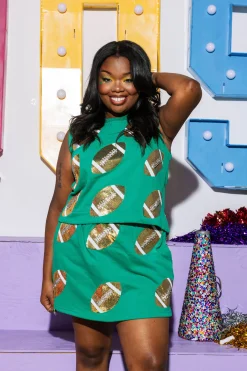 Green Scattered Sequin & Rhinestone Football Tank