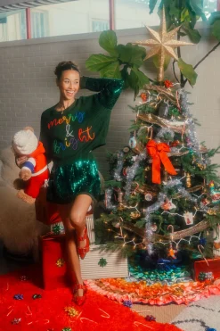 Green Shard Sequin Sleeve Multi Pearl 'Merry & Bright' Sweater