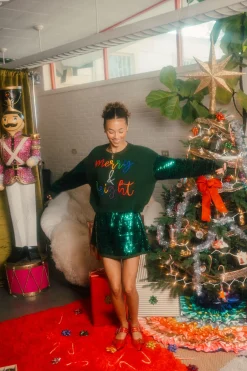 Green Shard Sequin Sleeve Multi Pearl 'Merry & Bright' Sweater