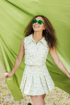 Green Tweed Sleeveless Collar Tank