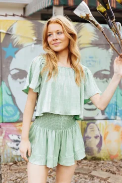 Green/Silver Ribbed Flutter Top