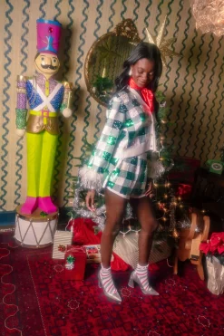 Green/White Buffalo Plaid Full Sequin With Feather Sleeve Cardigan