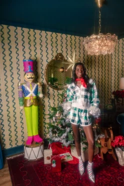 Green/White Buffalo Plaid Full Sequin Knit Shorts