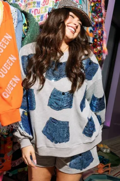Grey Queen Of Denim Shorts Sweatshirt