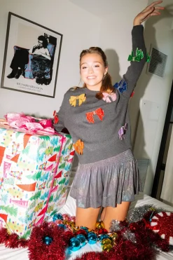 Grey Rainbow Ribbed Metallic Swing Short