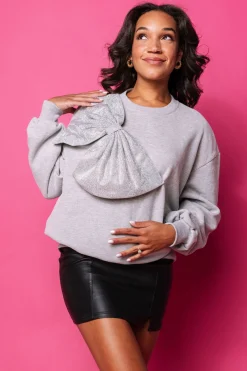 Grey Rhinestone Oversized Bow Sweatshirt