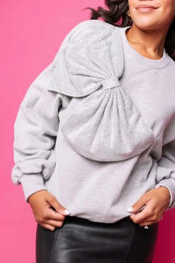 Grey Rhinestone Oversized Bow Sweatshirt