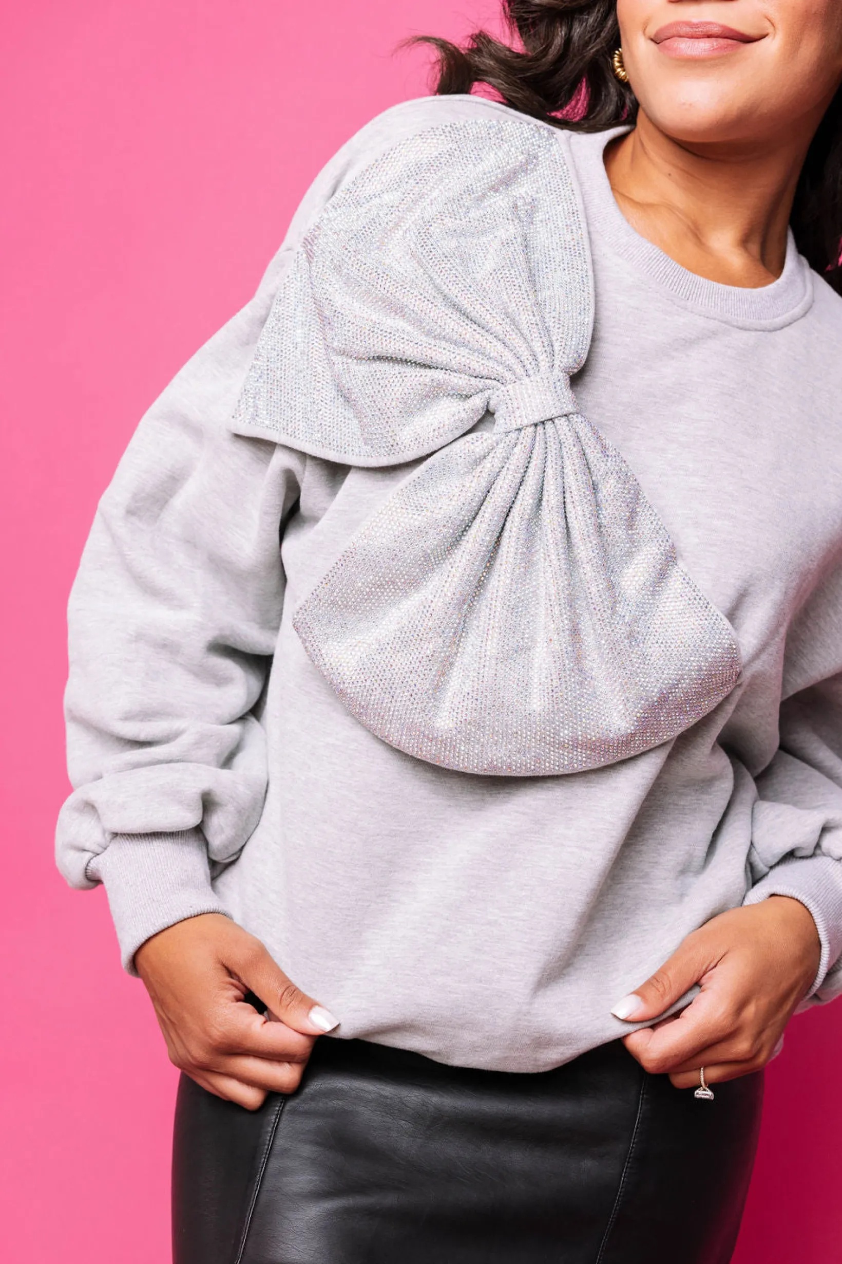 Grey Rhinestone Oversized Bow Sweatshirt