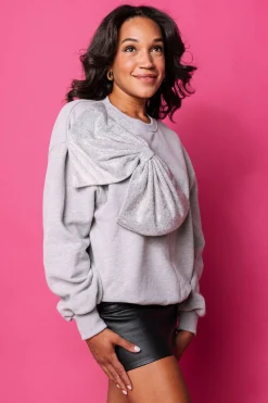 Grey Rhinestone Oversized Bow Sweatshirt