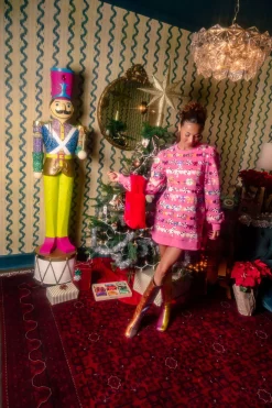 Hot Pink Candy Garland Poof Sleeve Sweatshirt Dress