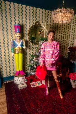 Hot Pink Candy Garland Poof Sleeve Sweatshirt Dress