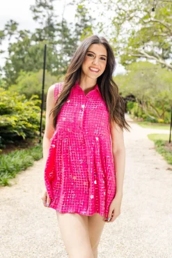 Hot Pink Checker Pailette Collar Dress