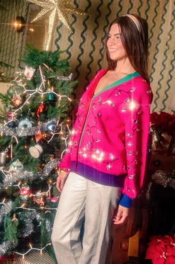 Hot Pink Colorblock Jeweled Christmas Lights Sweater Cardigan