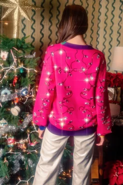Hot Pink Colorblock Jeweled Christmas Lights Sweater Cardigan