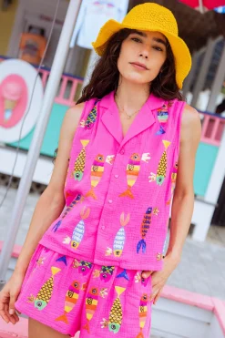Hot Pink Crowned Fish Gauze Tank