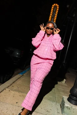 Hot Pink Multi Rhinestone Plaid Sweatpant