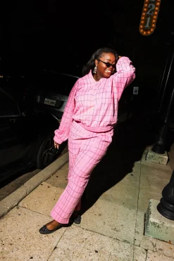 Hot Pink Multi Rhinestone Plaid Sweatpant