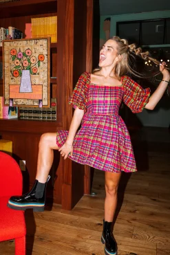 Hot Pink Plaid Poof Sleeve Dress
