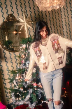 Ivory Blonde Haired Nutcracker Lady Shard Sequin Sleeve Cardigan