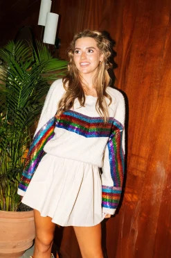 Ivory Rainbow Sequin Stripe Skirt