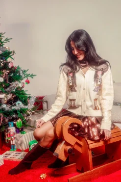 Ivory Raven Haired Nutcracker Lady Shard Sequin Sleeve Cardigan