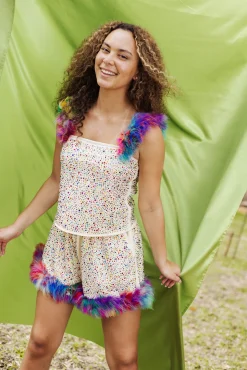 Ivory Rhinestone Rainbow Feather Tank