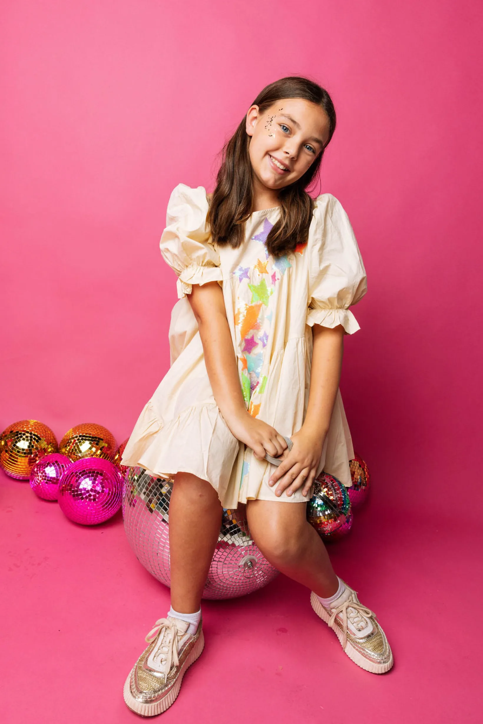 Kids Beige Mega Star Off the Shoulder Dress