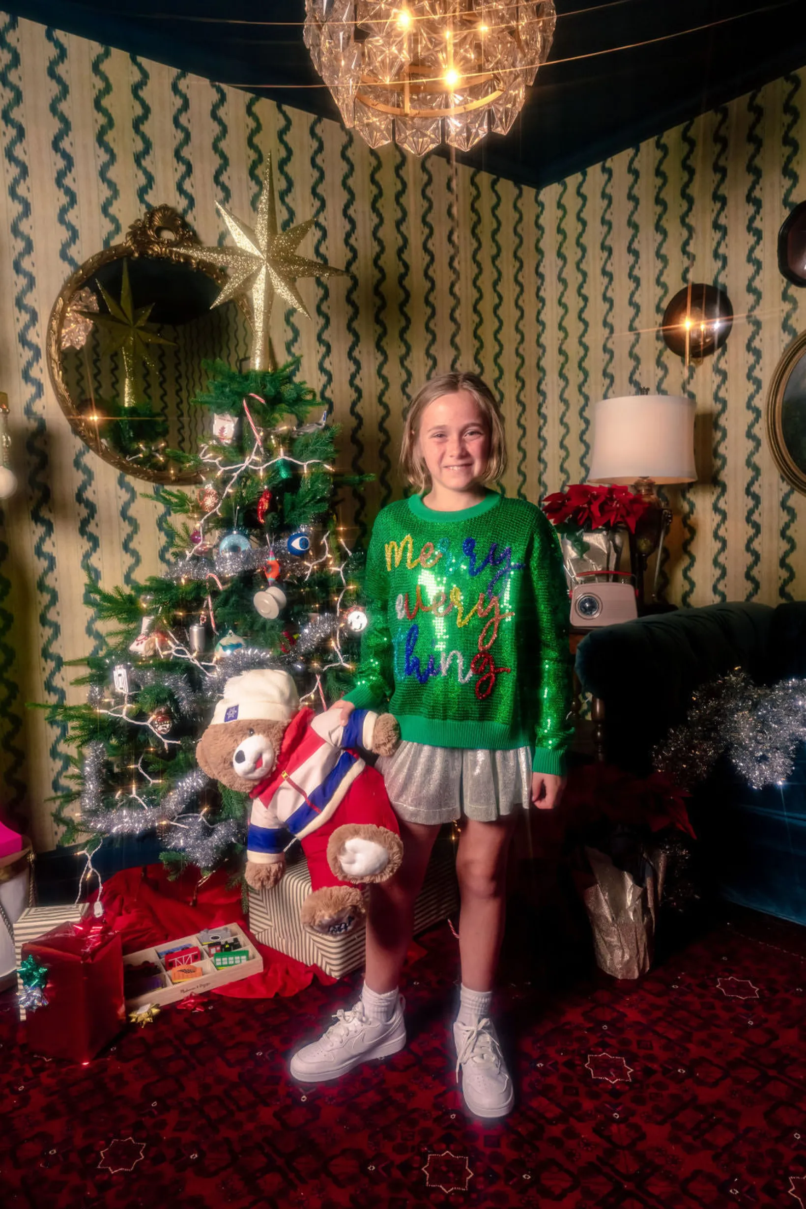 Kids Full Sequin Green Merry Everything Sweater