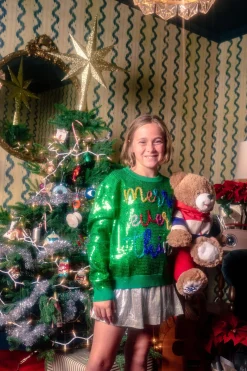 Kids Full Sequin Green Merry Everything Sweater
