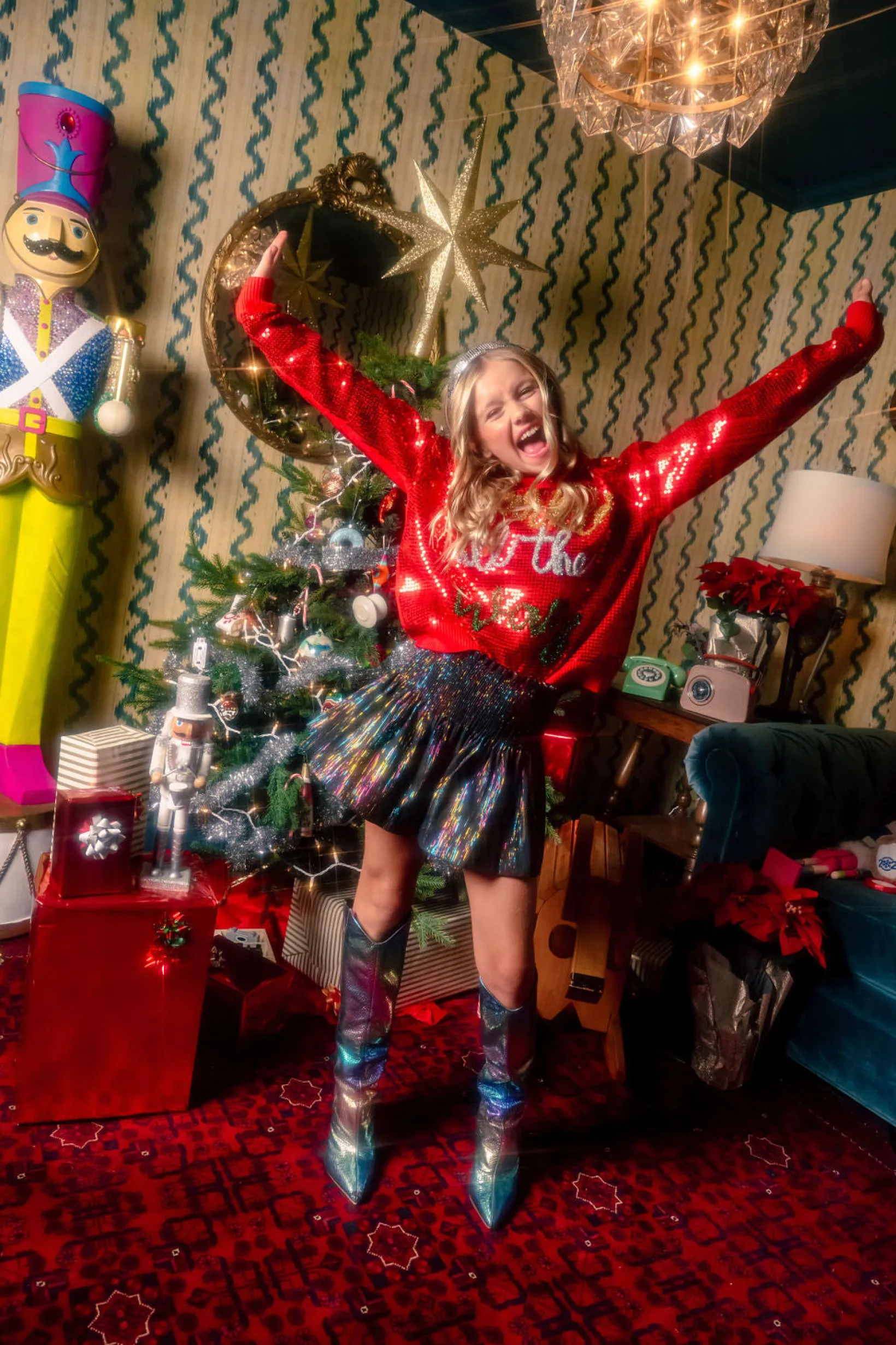 Kids Full Sequin Sparkle All the Way Red Sparkle Sweater